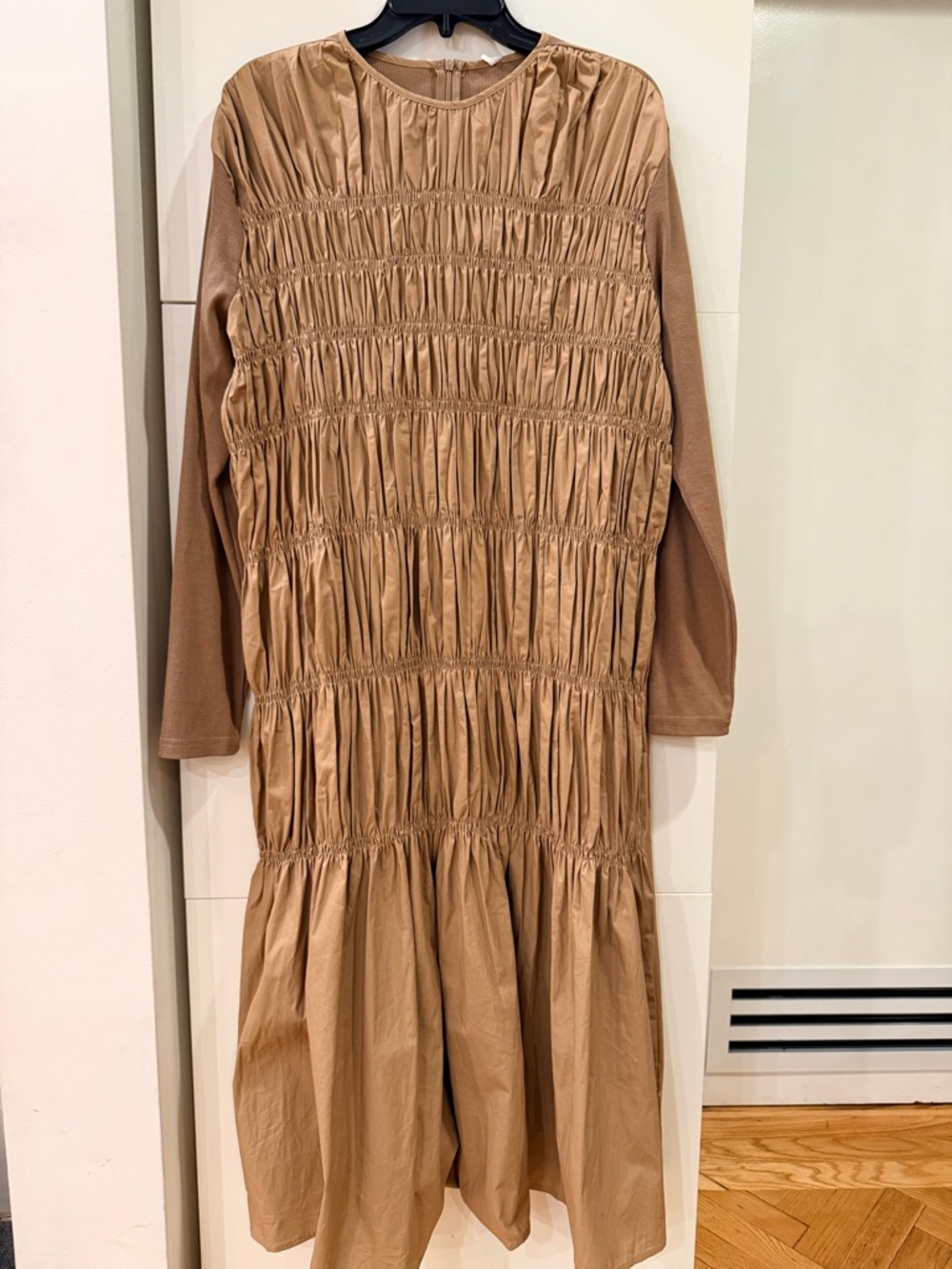 YAL New York Mixed Media Maxi Dress Size XL – Camel, Smocked Back, NWT